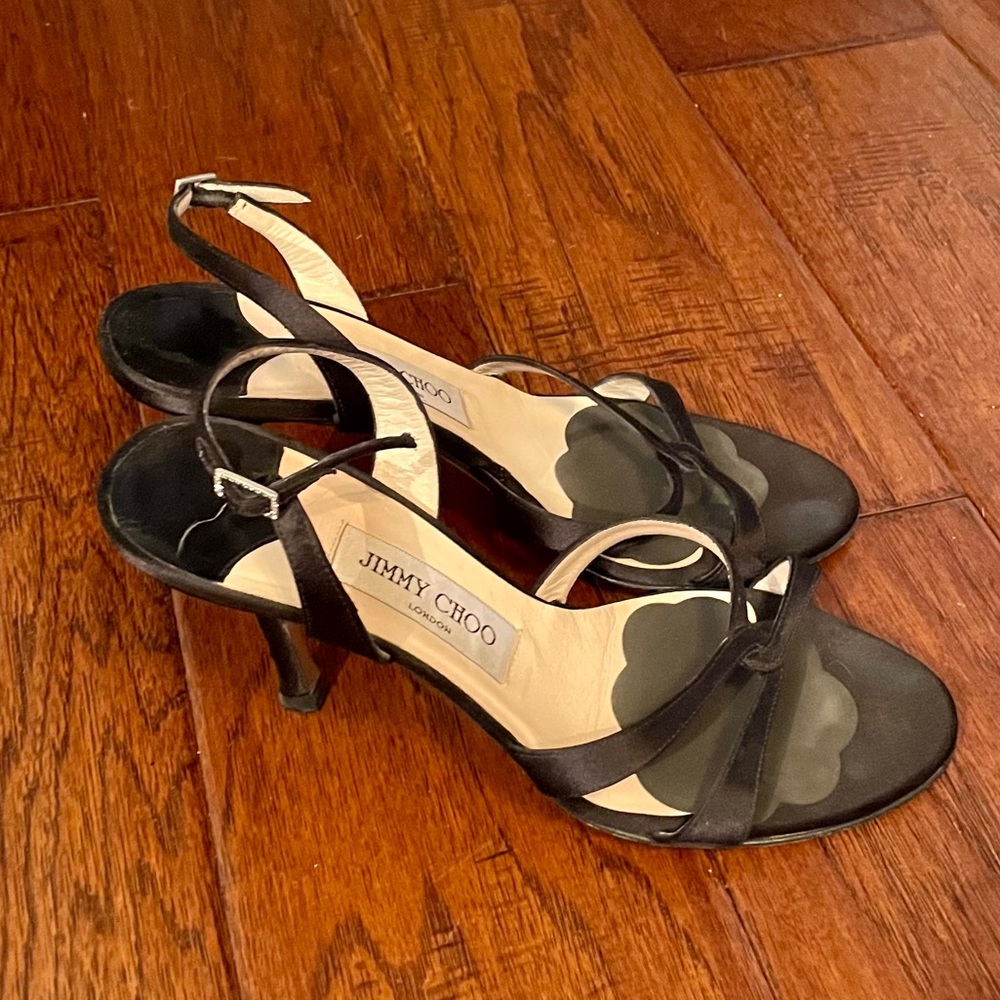 Jimmy Choo black satin sandals - size 7.5 (37.5)
